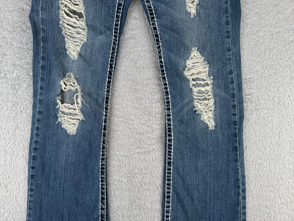 LA Idol Pants Women 9 Blue Denim Jeans Bootcut Low Bling Distressed Cotton 28x31 - Image 3 of 4