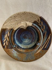Vintage Pottery 5.5” Round Ashtray - Earth Tone & Blue Painted - Very Nice