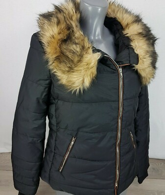 DAMEN STEPPKRAGEN JACKE WINTER MANTEL PUFFER FELL Schwarz Medium