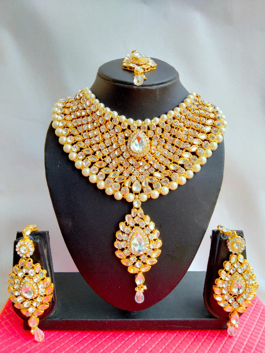 Ethnic Bollywood Bridal Diamond Jewelry Gold Tone Indian Fashion Necklace Set