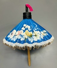 Vintage Handmade Silk Umbrella Wooden Handle 10" Thailand Asian Home Decore Blue