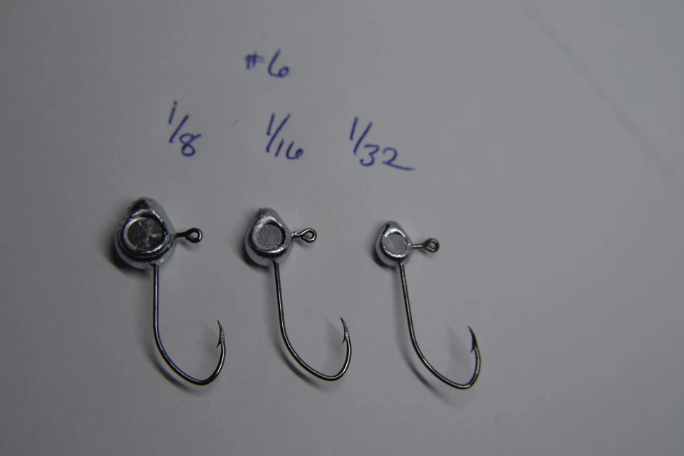 1/32,1/16,1/8 BIG EYE MINNOW JIG HEAD CRAPPIE JIG TYING #6 MUSTAD SICKLE 100