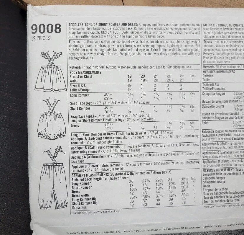 Simplicity UNCUT Pattern #9008 Girls Romper Dress Vintage 1994 Size AA 1/2 1 2 - Image 2 of 2