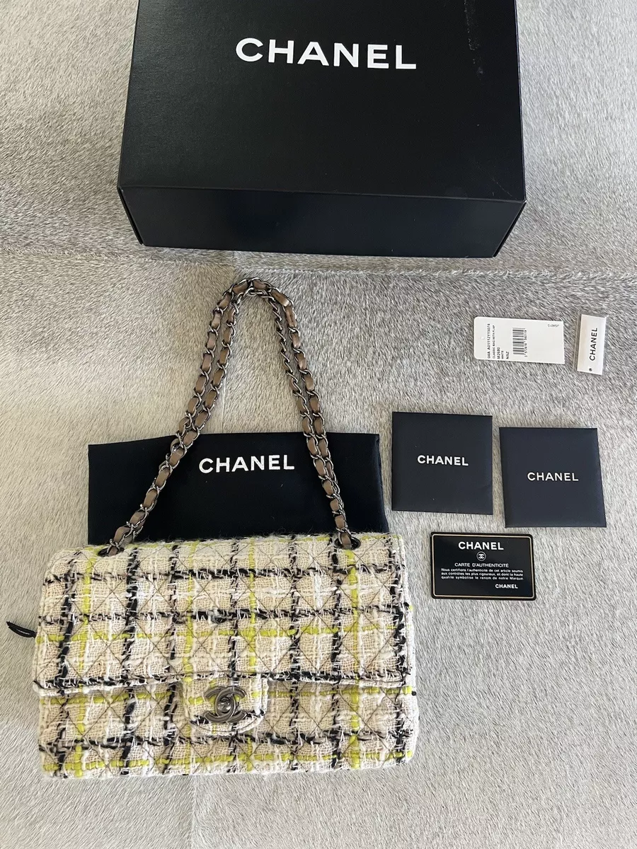 Chanel Classic Double Flap Bag Quilted Tweed Medium Cream Yellow