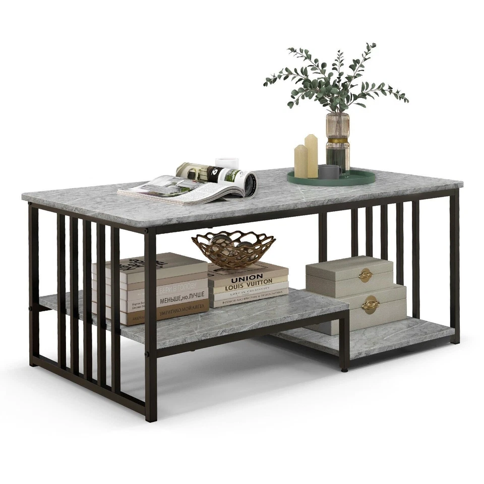 CASART Faux Marble Coffee Table Rectangular 2-Tier Center Table Modern Cocktail Table