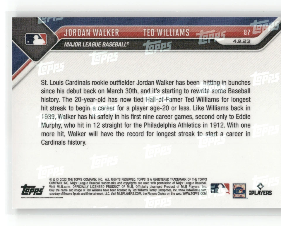 🟦 JORDAN WALKER Rookie Hit Streak Ties TED WILLIAMS 2023 Topps Now 87 BLUE 1/49 - Image 2 of 2