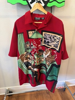 Vintage Dragonfly Dogs Playing Poker Graphic Short Sleeve Button-Up Shirt
