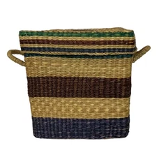 Square Bolga Basket With Lid Handles Handwoven Straw Multicolor Stripes Storage