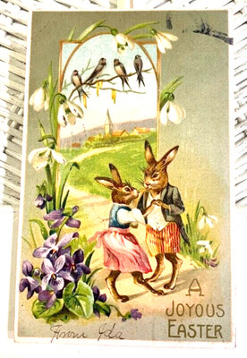Dressed Bunny Rabbits Dancing-Anthropomorphic Antique Fantasy Postcard~Germany
