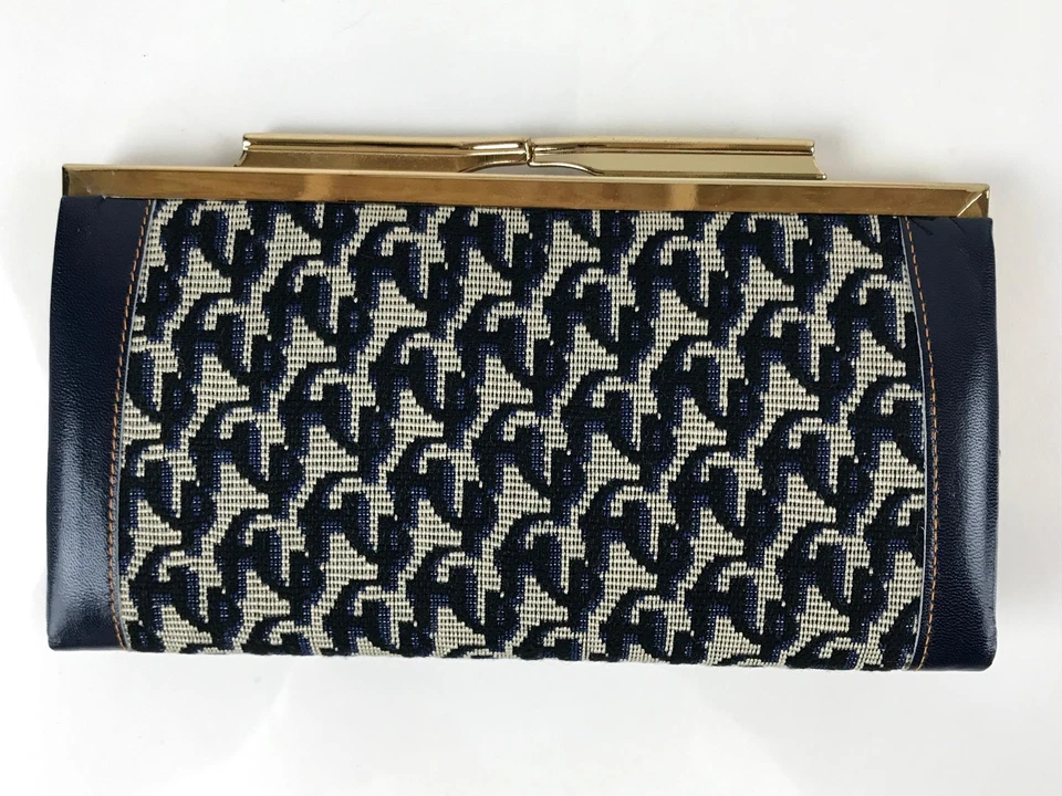 Cartera sin asas japonesa de tela tejida plisada de colección cierre Gamaguchi azul beige KB84 Foto 3 de 4