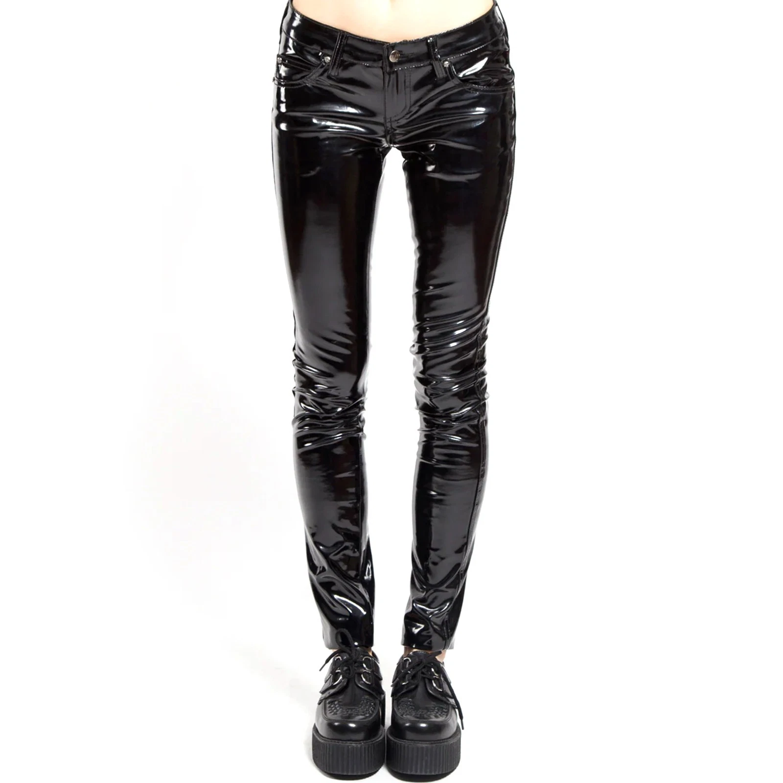 Puritues Black Glossy PVC Vinyl Skinny Pants Shiny Wet Look Slim Fit Fetish Pant