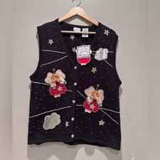 Vintage Bobbie Brooks Black Embroidered Christmas Angels Sweater Vest Large NEW