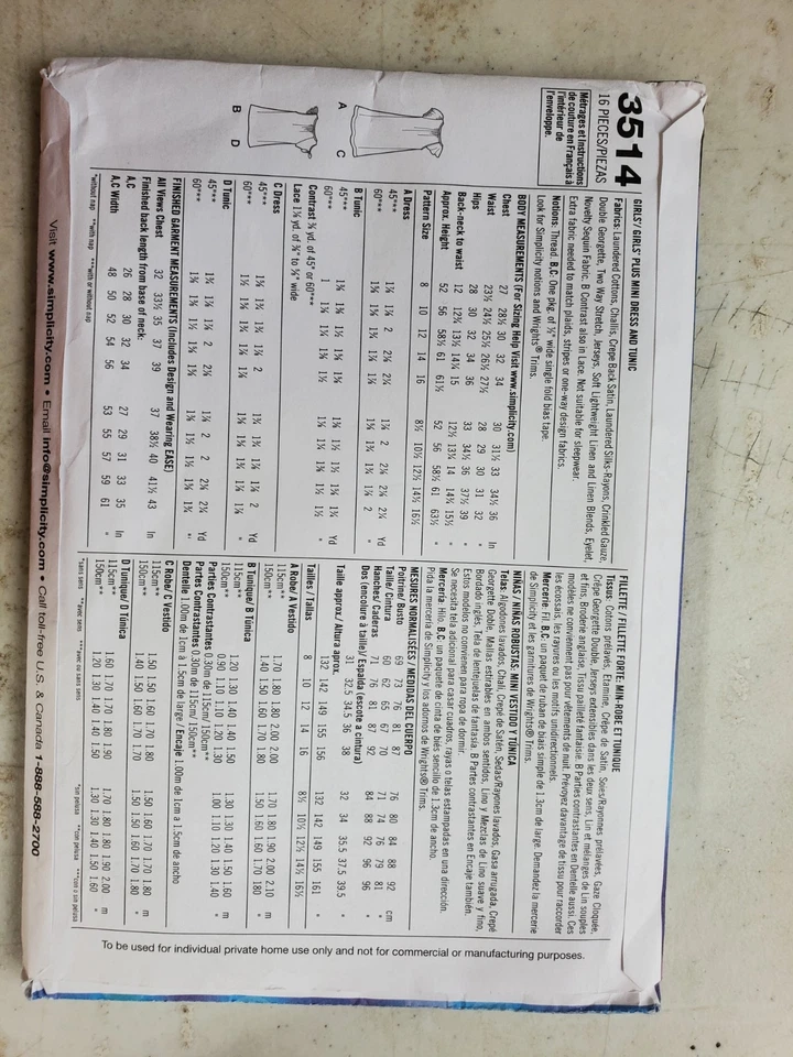 Simplicity Pattern 3514 Girls Tunic Top Dress Short Sleeve Child 8 - 16 UNCUT - Image 3 of 4