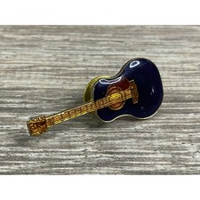 Vintage Acoustic Guitar Lapel Pin Navy Blue Enamel Gold Tone Musician Gift 1.25"