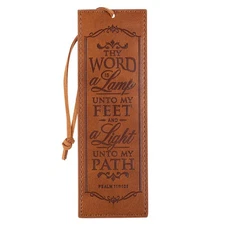Brown Faux Leather Scripture Bookmark w/Cord: Thy Word is a Lamp - Ps. 119:105