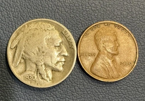 U.S Coin Collection - 1930 Year Set - 1930 P Buffalo Nickel + 1930 P Wheat Cent