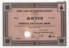 Gebr.Lang Paperfabrik 1973 Ettringen Akcje założycielskie 50 DM Historyczne papiery wartościowe