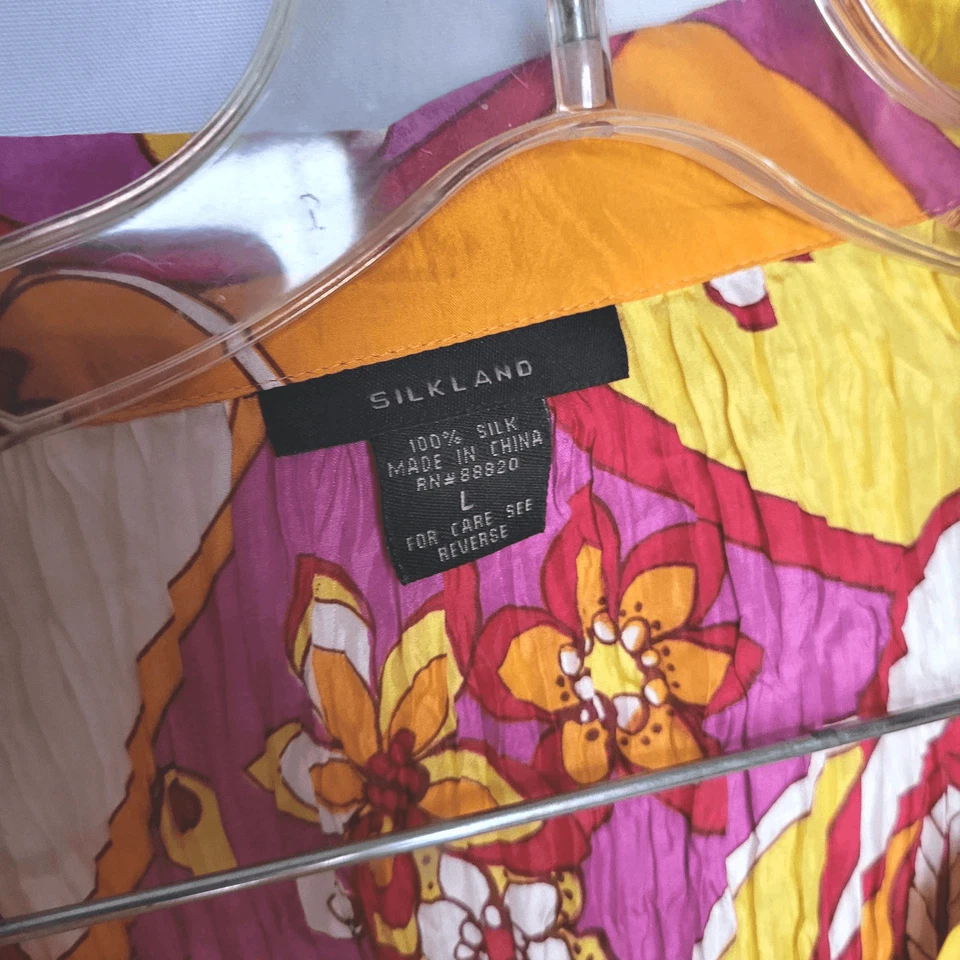 Rare Pleated Silkland 100% Silk Groovy 70s Collared Blouse Sz L - Image 3 of 4