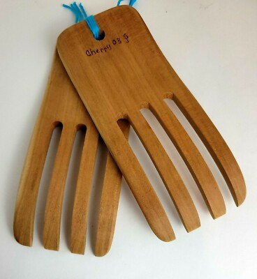 Handmade Pair of Wood Salad / Pasta Tossing Claw Forks (signed) - NEW