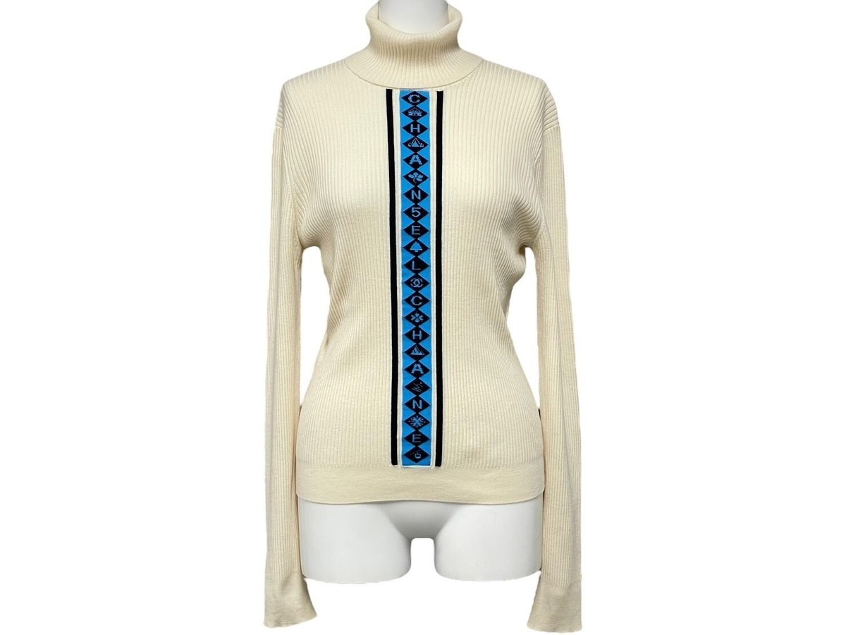 CHANEL P63182K 47563 Turtleneck Knit Sweater 36 White X Blue