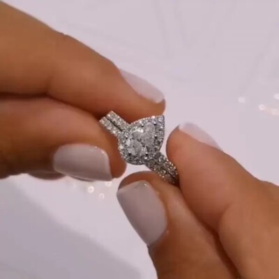 14K White Gold Over Halo Bridal Engagement Ring Set 1.53 Ct D/FL Pear Moissanite