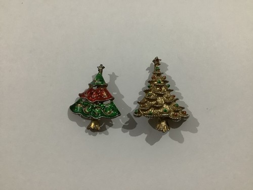 Christmas Tree Brooches x 2. Vintage. Enameled. Unbranded.
