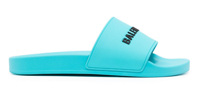 Balenciaga Turquoise Blue Rubber Black Logo Slide Pool Sandal Flip