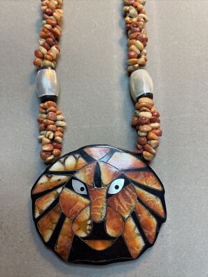 Lion Shell Inlay Vintage Lee Sands Inlaid Shell & Coral Lion Face Inlay Necklace | eBay
