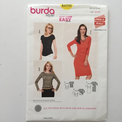 Burda 6910 gerafftes gefaltetes T-Shirt Top Kleid Tunika Damen neu ungeschnittenes Muster Plus
