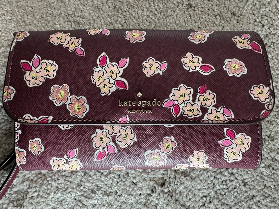 NUEVO CON ETIQUETAS KATE SPADE Oropel de Bayas Profundas Brillo Esmerilado Floral Regalo Cartera Larga en Caja Foto 3 de 4