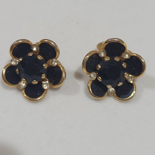 Vintage Goldtone Black Crystal Rhinestone Flower Screw Back Earrings