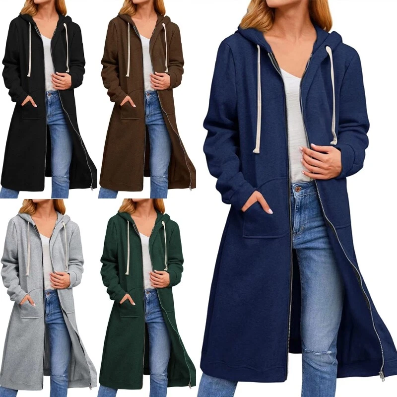 Womens Coat long Sleeve Zip Hooded Jacket Ladies Plain Jumper