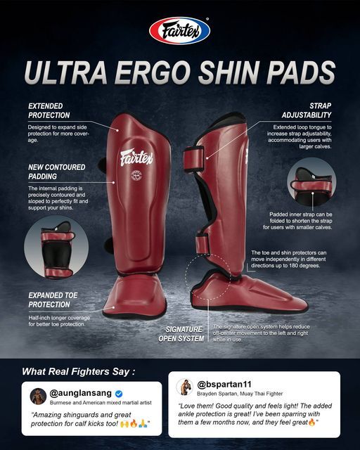 NEW FEATURES FAIRTEX Ultra Ergo Shin Pads Brand New BEST MMA