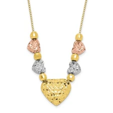 10K Tri-Color Gold Puff & Flat hearts Necklace 18" Gift for Mother