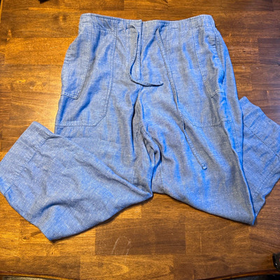 Talbots Women s Size L Blue Linen Blend Straight Leg Pants Drawstring Casual