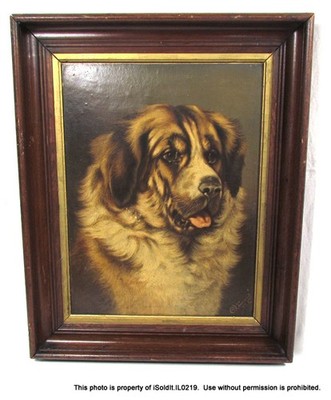 ANTIQUE FRAMED SAINT BERNARD DOG PRINT SIGNED O TOWNSEND 1873