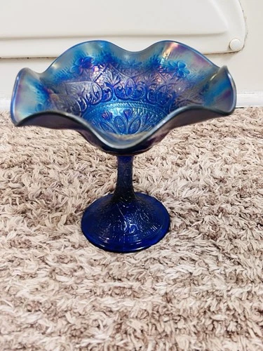 Pretty Electric Blue Northwood Carnival Glass Hearts & Flowers Compote