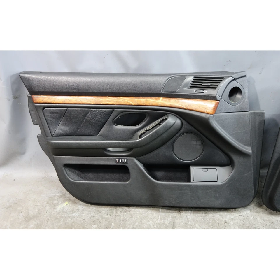 BMW E39 1997-2003 serie 5 puerta delantera interior panel embellecedor par cuero negro OEM Foto 3 de 4