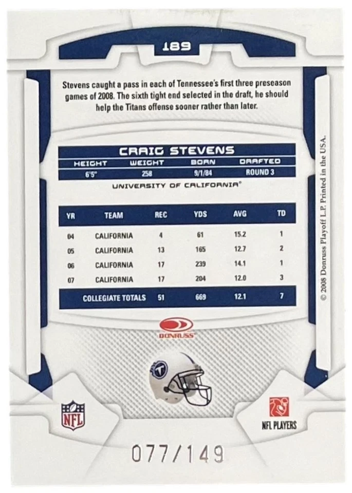 2008 Leaf Rookies & Stars Longevity Sapphire #189 Craig Stevens RC Titans /149 - Image 2 of 2