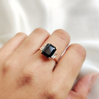 4.10 Ct Natural Black Onyx Band Ring 14K Yellow Gold Dainty July Birthstone Ring