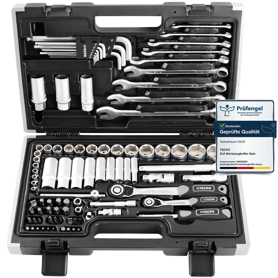 TECPO ZOLL WERKZEUG SATZ 92-tlg. STECKSCHLÜSSEL NÜSSE ZOLL-GRÖßEN RATSCHENKASTEN