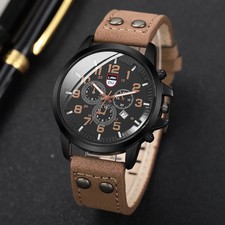 Herrenuhr Quarz Lederarmband Kalender Datum Militär Stil Analog