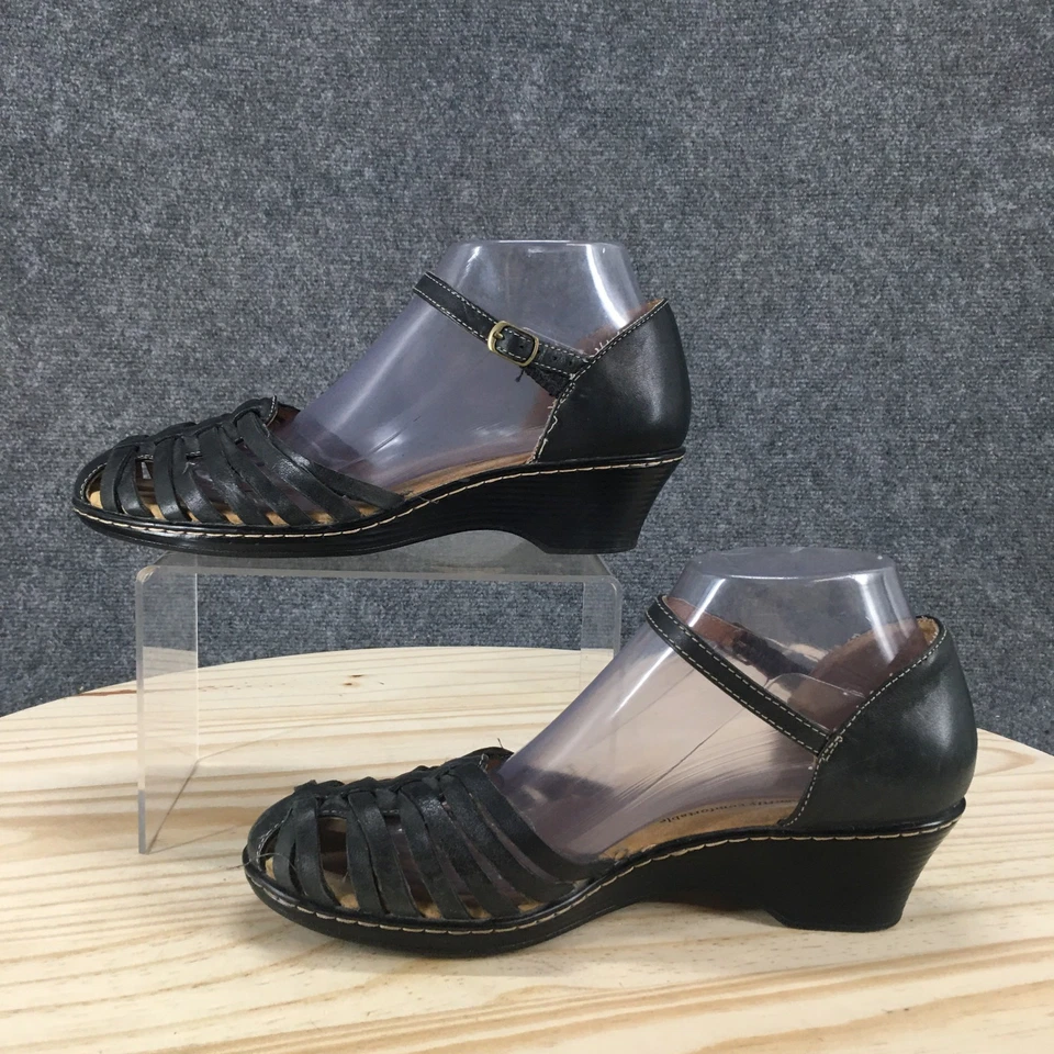 Sandálias Softspots Femininas 8 M Tatianna Tira no Tornozelo Cunha Baixa Couro Preto Casual - Imagem 2 de 4