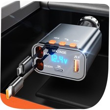 Retractable Car Charger,5 in 1 PD Car Phone Charger with Bluetooth 5.3 FM Tra...