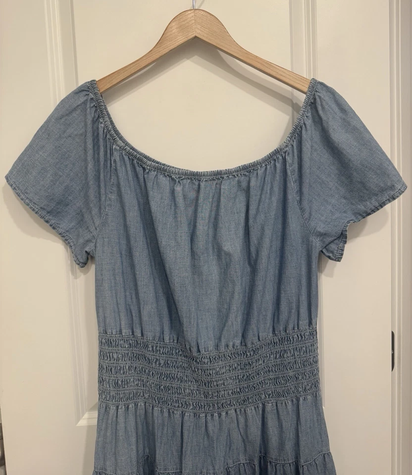 Maxi Vestido Lauren Ralph Lauren Para Mujer 6 Cambray Azul Cintura Ajustada en Niveles Boho Foto 3 de 4