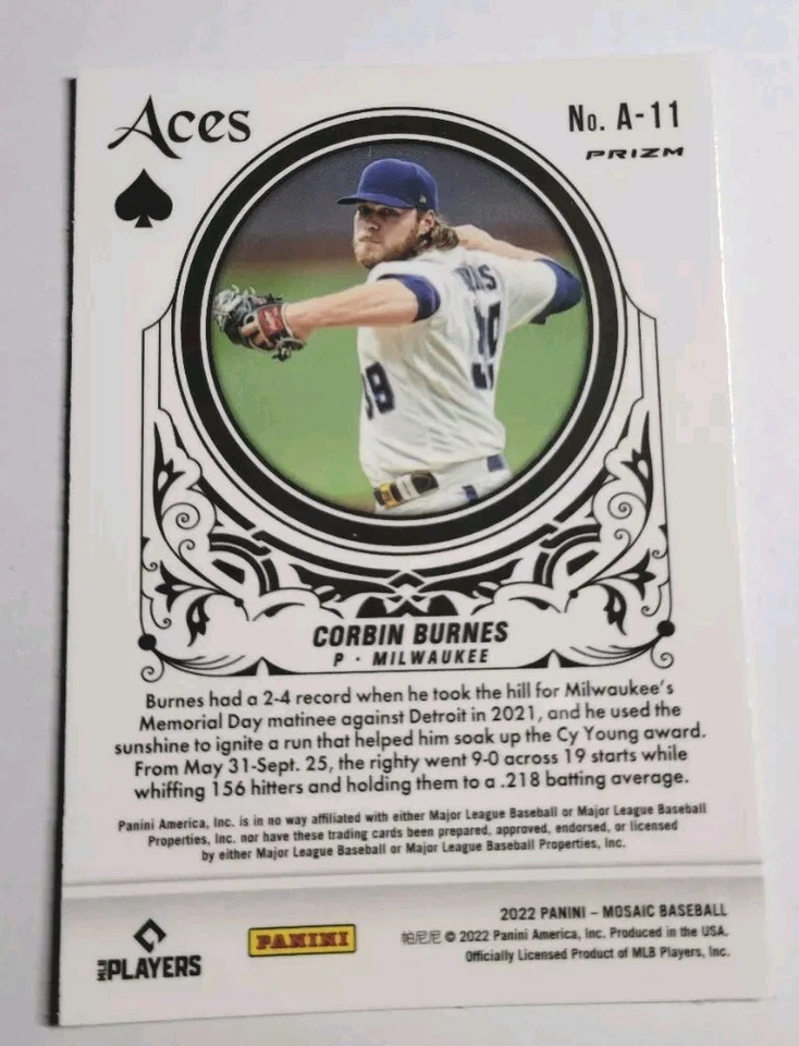 Corbin Burnes 2022 Panini Mosaic Aces Prizm MLB Refractor Card No. A-11 - Image 2 of 2