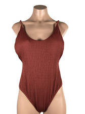 Aerie Swimsuit Womens Medium Red Rust Smocked Crinkle Scoop Back One Piece M