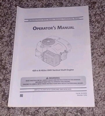 MTD 420/452 cc OHV Vertical Shaft Engine Operator's Owners Manual Book ...