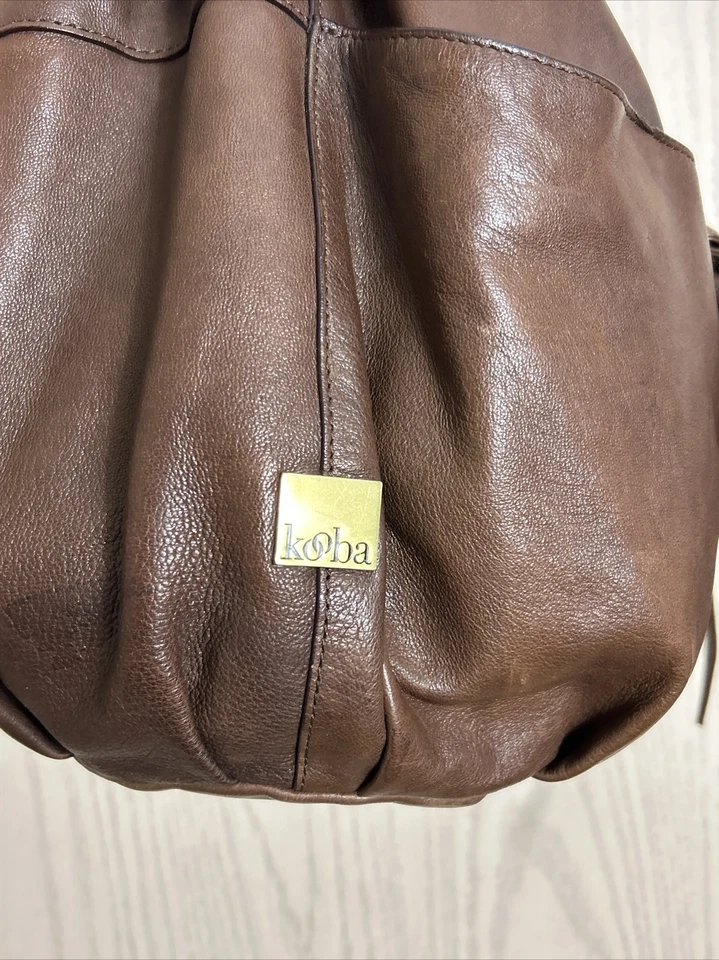 kooba Vintage Hobo Bohemian Shoulder Bag Bucket Purse Pleated Brown Leather - Image 3 of 4