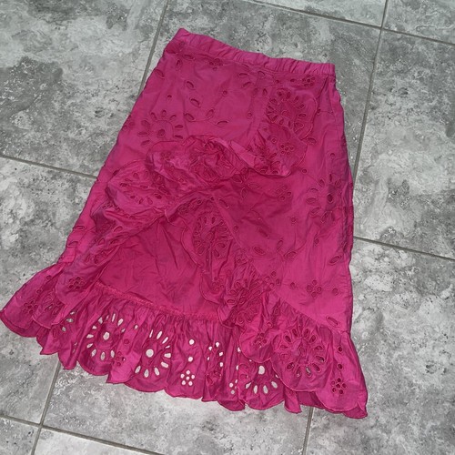 J Crew Pink Pull On Eyelet Ruffle A Line Asymmetric Midi Skirt Boho PS Petite S - Picture 3 of 8